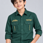 Boys' Utility-Style Dark Green Long-Sleeve Shirt with Graphic Embroidery