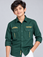 Boys' Utility-Style Dark Green Long-Sleeve Shirt with Graphic Embroidery
