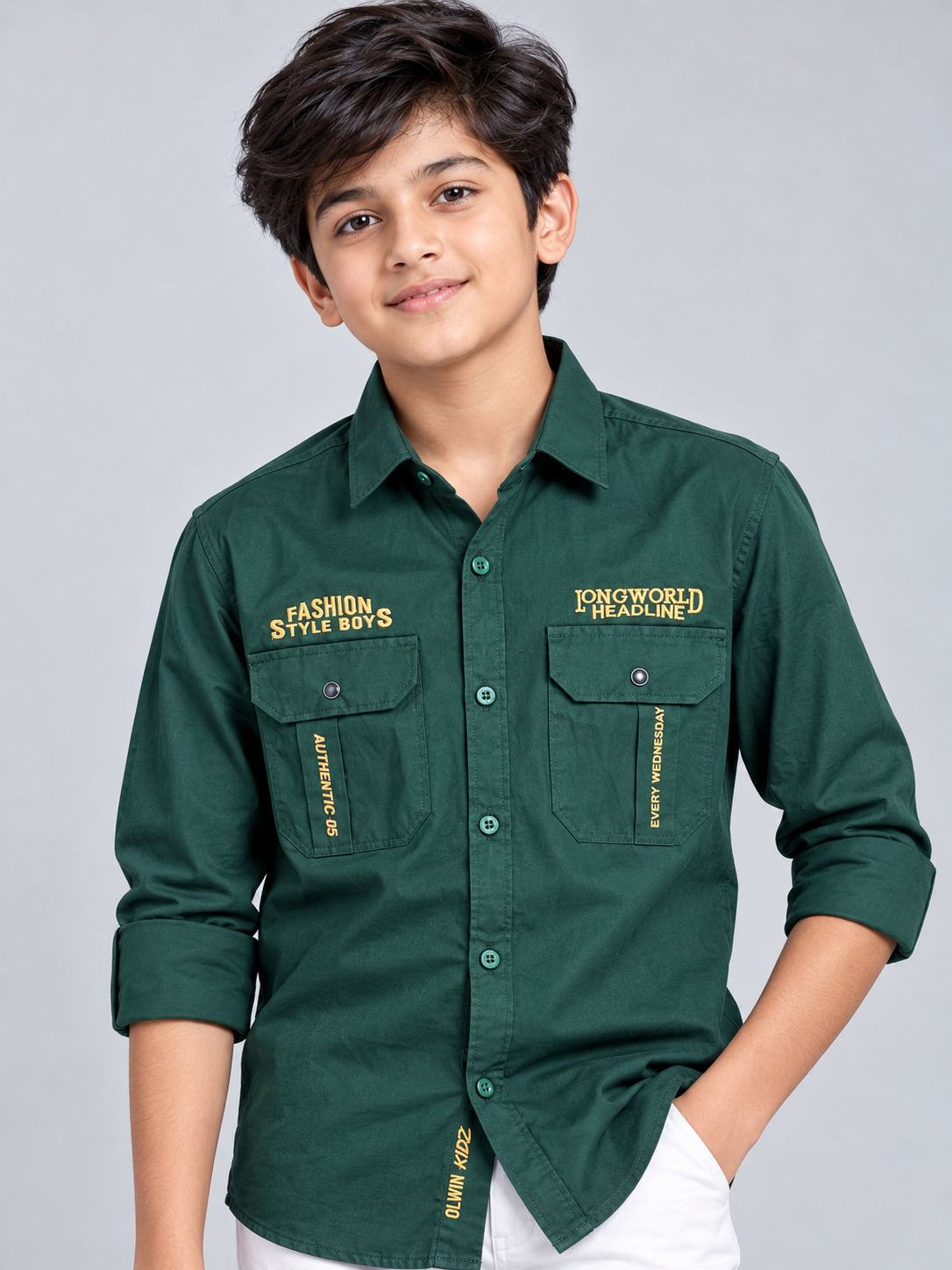 7ac1ba82-276a-48ca-99b6-e20b5dca9ac2 Boys' Utility-Style Dark Green Long-Sleeve Shirt with Graphic Embroidery - Image 1
