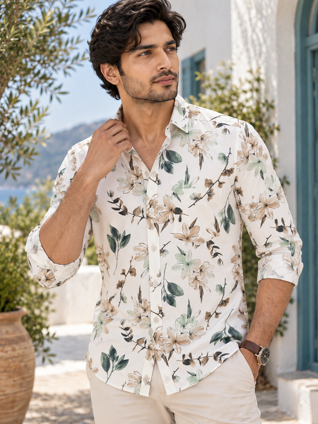 7acf8692-2bb5-4b4f-b1c7-53f1fee95257 Men's Mediterranean Floral Print Long-Sleeve Shirt - Off-White - Image 1
