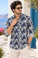 Mediterranean Geo-Print Men's Long-Sleeve Resort Shirt