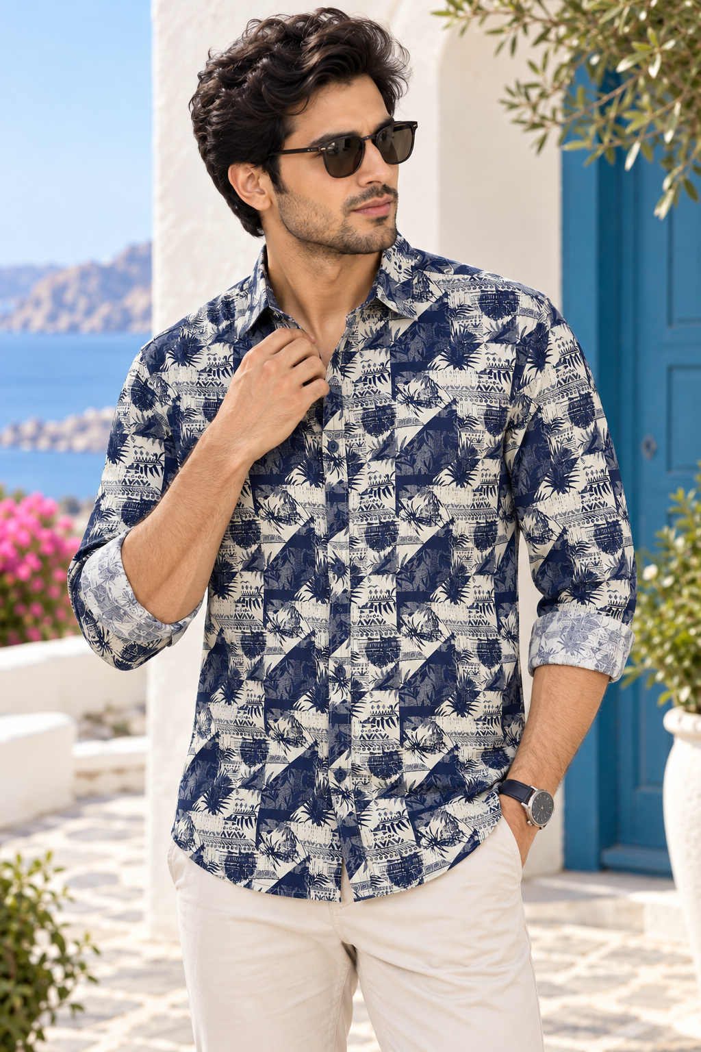 7c53d994-3876-486d-81dd-328f163ea749-2 Mediterranean Geo-Print Men's Long-Sleeve Resort Shirt - Image 1