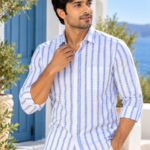 Men's Blue and White Striped Cotton Resort Shirt