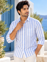 Men's Blue and White Striped Cotton Resort Shirt