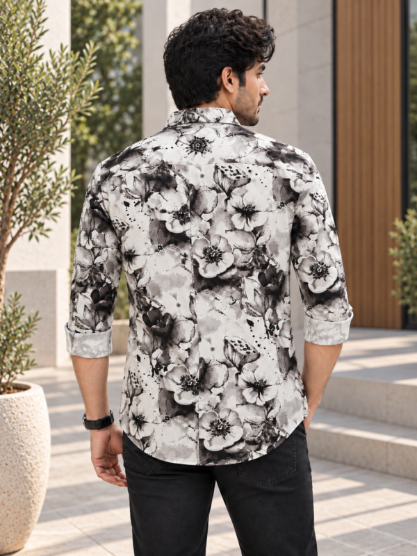 Men's Black and White Floral Print Casual Button-Down Shirt - Image 4