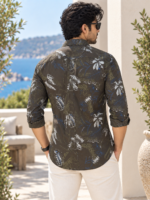 Men's Olive Botanical Print Long-Sleeve Resort Shirt - Image 4