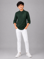 Boys Dark Green Embroidered Mandarin Collar Kurta Shirt - Image 4