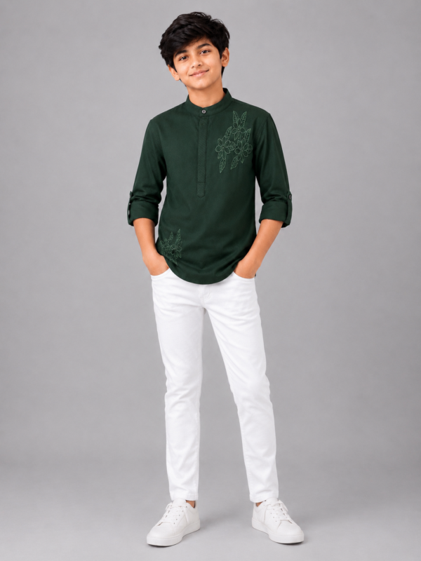 Boys Dark Green Embroidered Mandarin Collar Kurta Shirt - Image 4