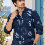 Midnight Tropics Leaf Print Long Sleeve Cotton Shirt