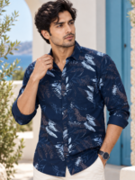 Midnight Tropics Leaf Print Long Sleeve Cotton Shirt