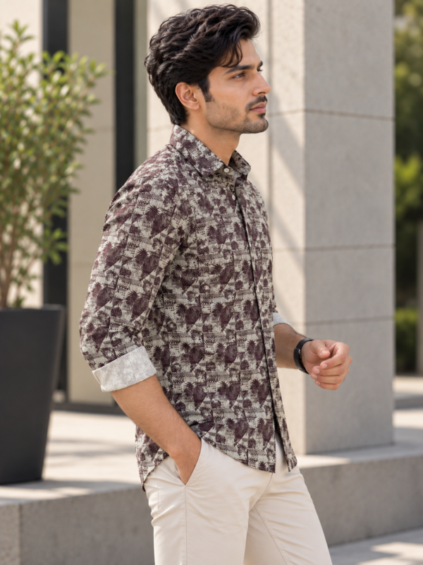 Modern Earth-Tone Geometric Print Long Sleeve Shirt - Image 2