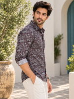 Men's Espresso Botanical Print Long-Sleeve Button-Down Shirt - Image 2
