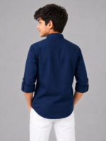Boys' Navy Blue Embroidered Mandarin Collar Kurta Shirt - Image 3