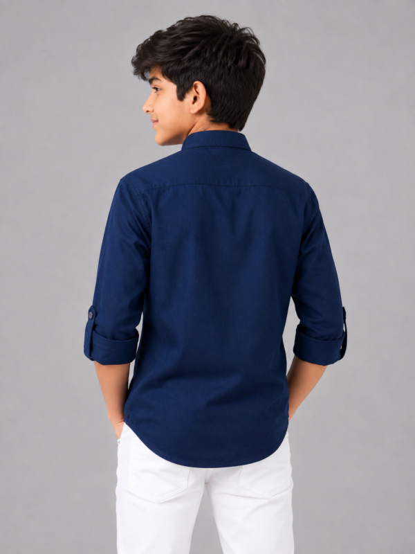 Boys' Navy Blue Embroidered Mandarin Collar Kurta Shirt - Image 3