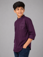 Boys' Deep Purple Embroidered Mandarin Collar Kurta - Image 3