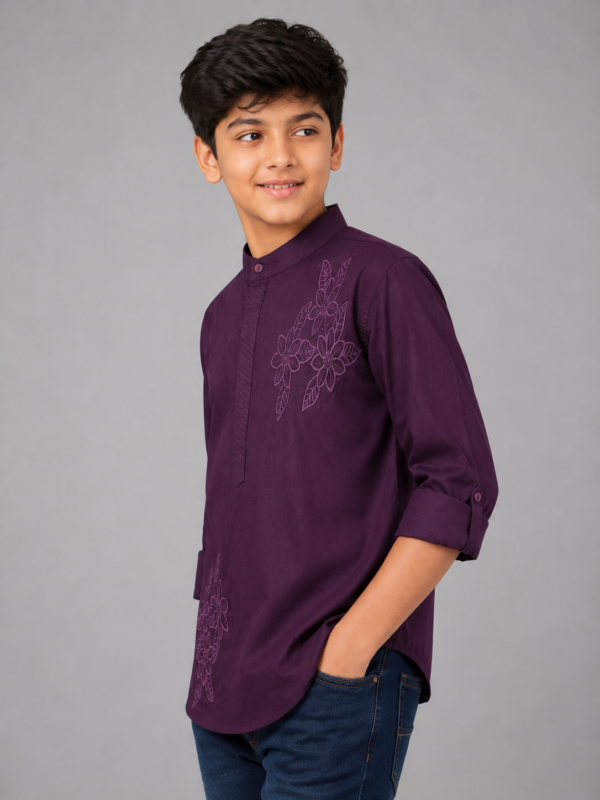 Boys' Deep Purple Embroidered Mandarin Collar Kurta - Image 3