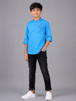 Boys' Radiant Blue Floral Embroidered Mandarin Collar Kurta - Image 4