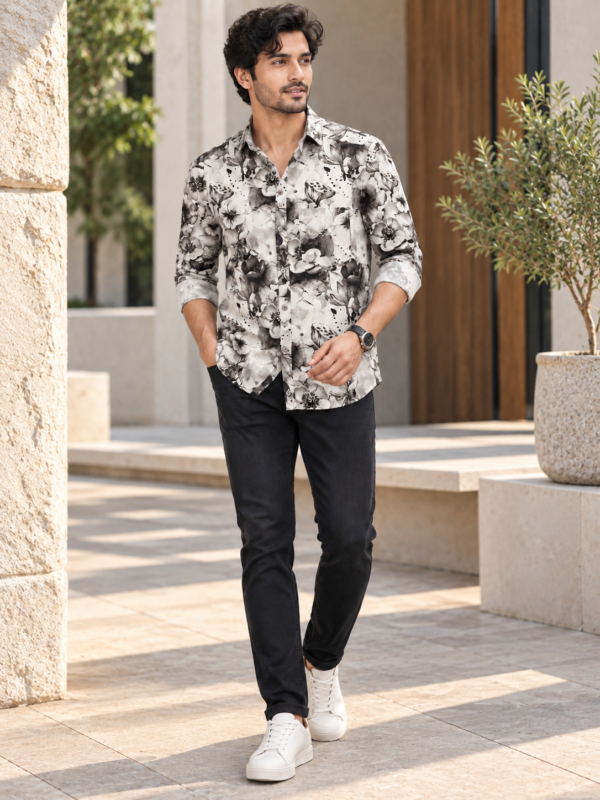Men's Black and White Floral Print Casual Button-Down Shirt - Image 3