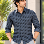 Modern Geometric Print Button-Down Shirt in Charcoal