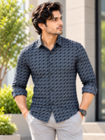 Modern Geometric Print Button-Down Shirt in Charcoal