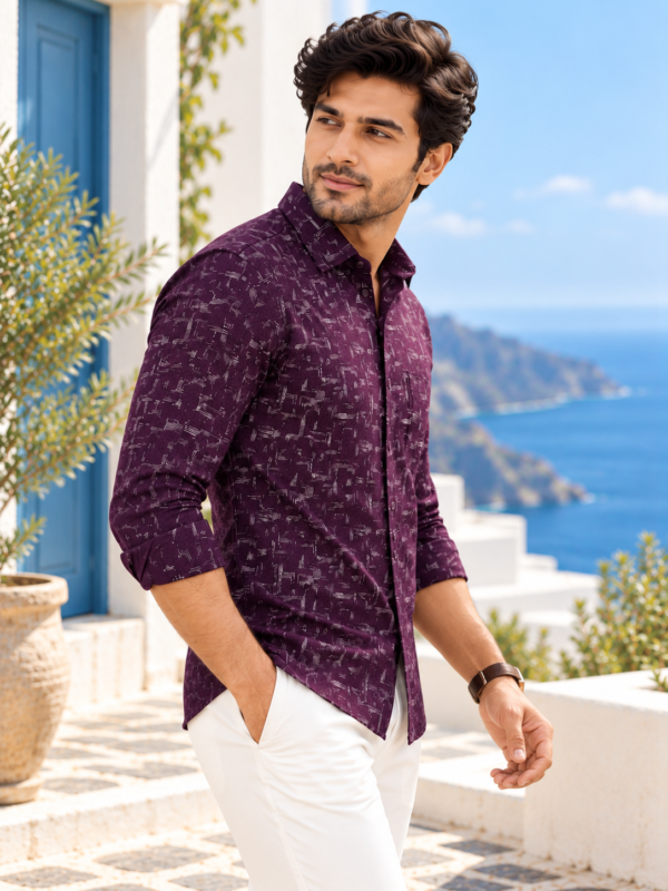 Men's Plum Abstract Geometric Print Long Sleeve Shirt - Image 2
