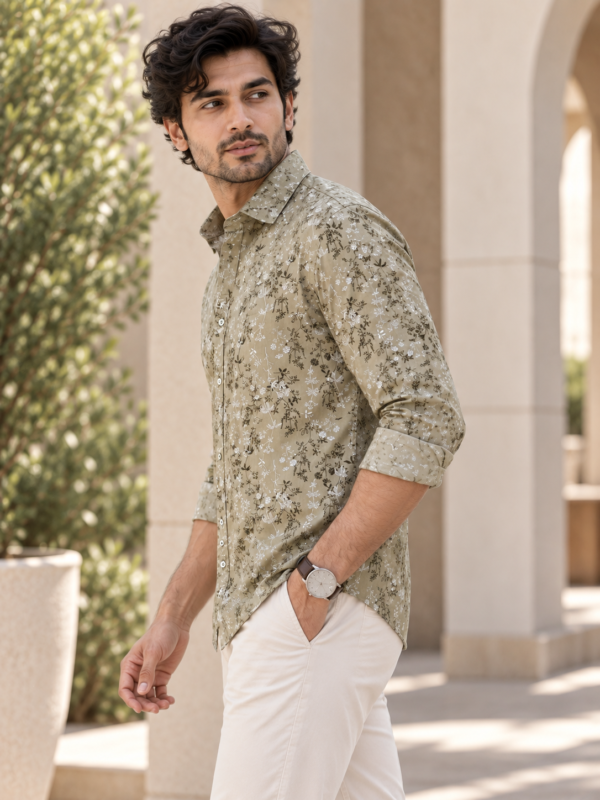 Sage Green Floral Print Men's Casual Shirt | Premium Cotton Button-Down - Image 2