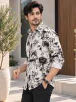Men's Black and White Floral Print Casual Button-Down Shirt - Image 2