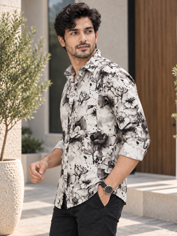 Men's Black and White Floral Print Casual Button-Down Shirt - Image 2