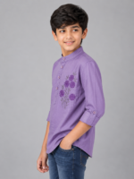 Boys' Purple Mandarin Collar Embroidered Kurta Shirt - Image 2