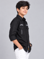 Boys' Black Utility-Style Casual Button-Down Shirt - Image 3