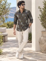 Men's Olive Botanical Print Long-Sleeve Resort Shirt - Image 3