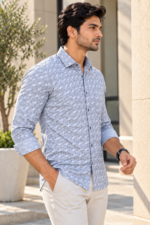 Modern Geometric Print Button-Down Shirt in Light Blue - Image 2