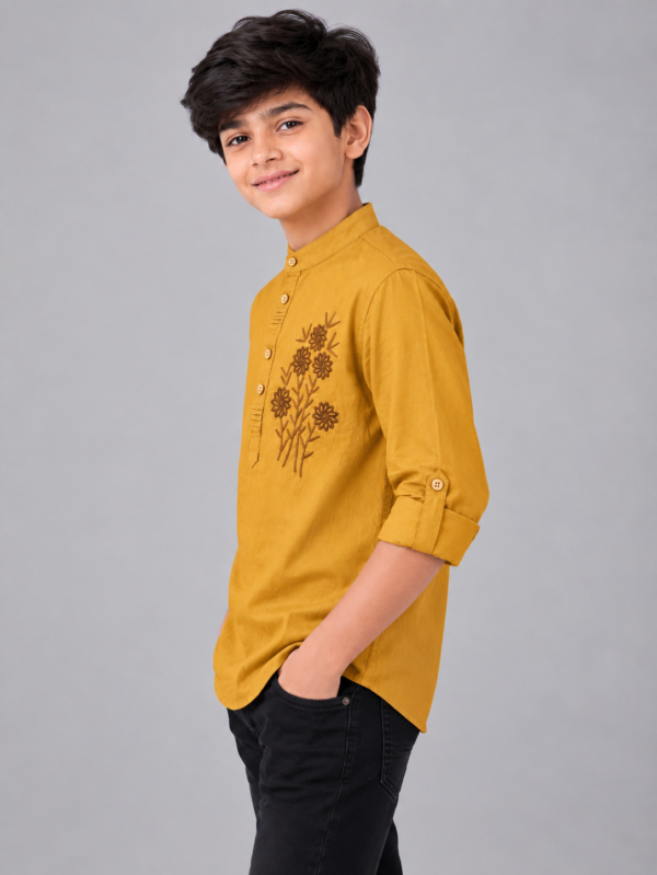Mustard Yellow Embroidered Mandarin Collar Boys Kurta Shirt - Image 4