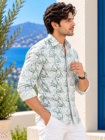 Coastal Sage Floral Print Men's Linen-Blend Long Sleeve Shirt - Image 3
