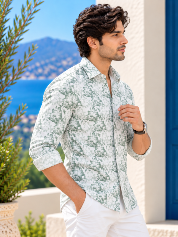 Coastal Sage Floral Print Men's Linen-Blend Long Sleeve Shirt - Image 3