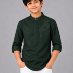 Boys Dark Green Embroidered Mandarin Collar Kurta Shirt