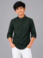 Boys Dark Green Embroidered Mandarin Collar Kurta Shirt
