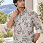 Men's Tropical Leaf Print Long-Sleeve Linen-Blend Shirt