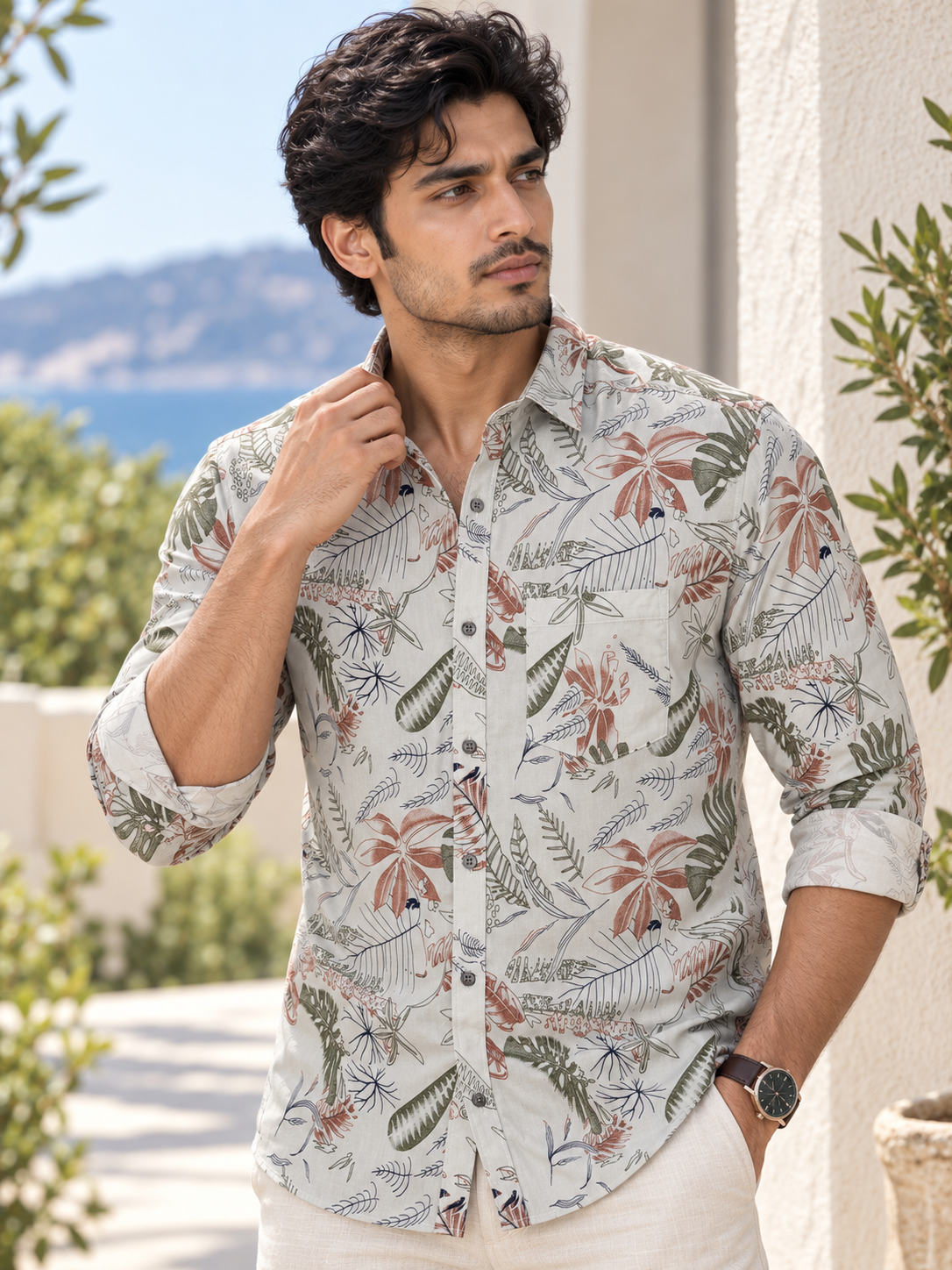b1527f2d-41b5-4b0b-94d8-de1a3be54c07 Men's Tropical Leaf Print Long-Sleeve Linen-Blend Shirt - Image 1