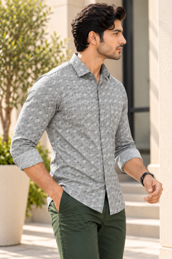 Men's Modern Grey Geometric Print Dress Shirt - Image 2
