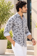 Modern Gray Tropical Print Slim-Fit Men's Button-Down Shirt - Image 3