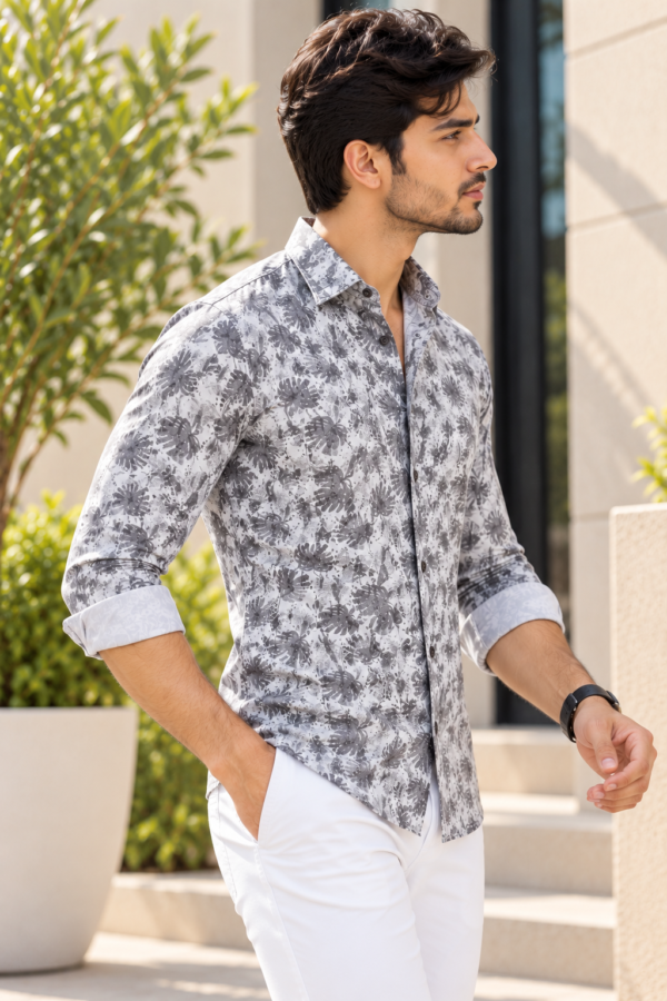 Modern Gray Tropical Print Slim-Fit Men's Button-Down Shirt - Image 3