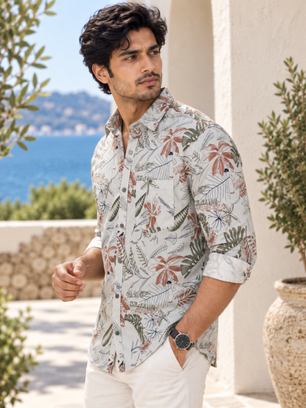 Men's Tropical Leaf Print Long-Sleeve Linen-Blend Shirt - Image 2