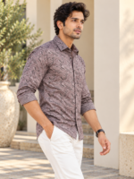 Men's Taupe Swirl Print Long Sleeve Button-Down Shirt - Image 3