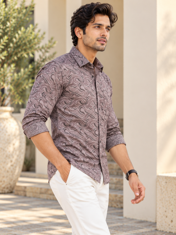 Men's Taupe Swirl Print Long Sleeve Button-Down Shirt - Image 3