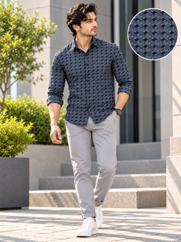 Modern Geometric Print Button-Down Shirt in Charcoal - Image 3