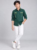 Boys' Utility-Style Dark Green Long-Sleeve Shirt with Graphic Embroidery - Image 2