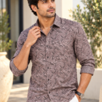 Men's Taupe Swirl Print Long Sleeve Button-Down Shirt