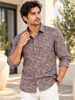 Men's Taupe Swirl Print Long Sleeve Button-Down Shirt
