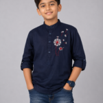 Boys' Navy Blue Dandelion Embroidered Mandarin Collar Kurta Shirt